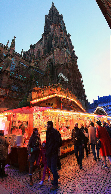 Christmas outside the Strasbourg Cathedral in France, taken by Diann Corbett, 12/2014.